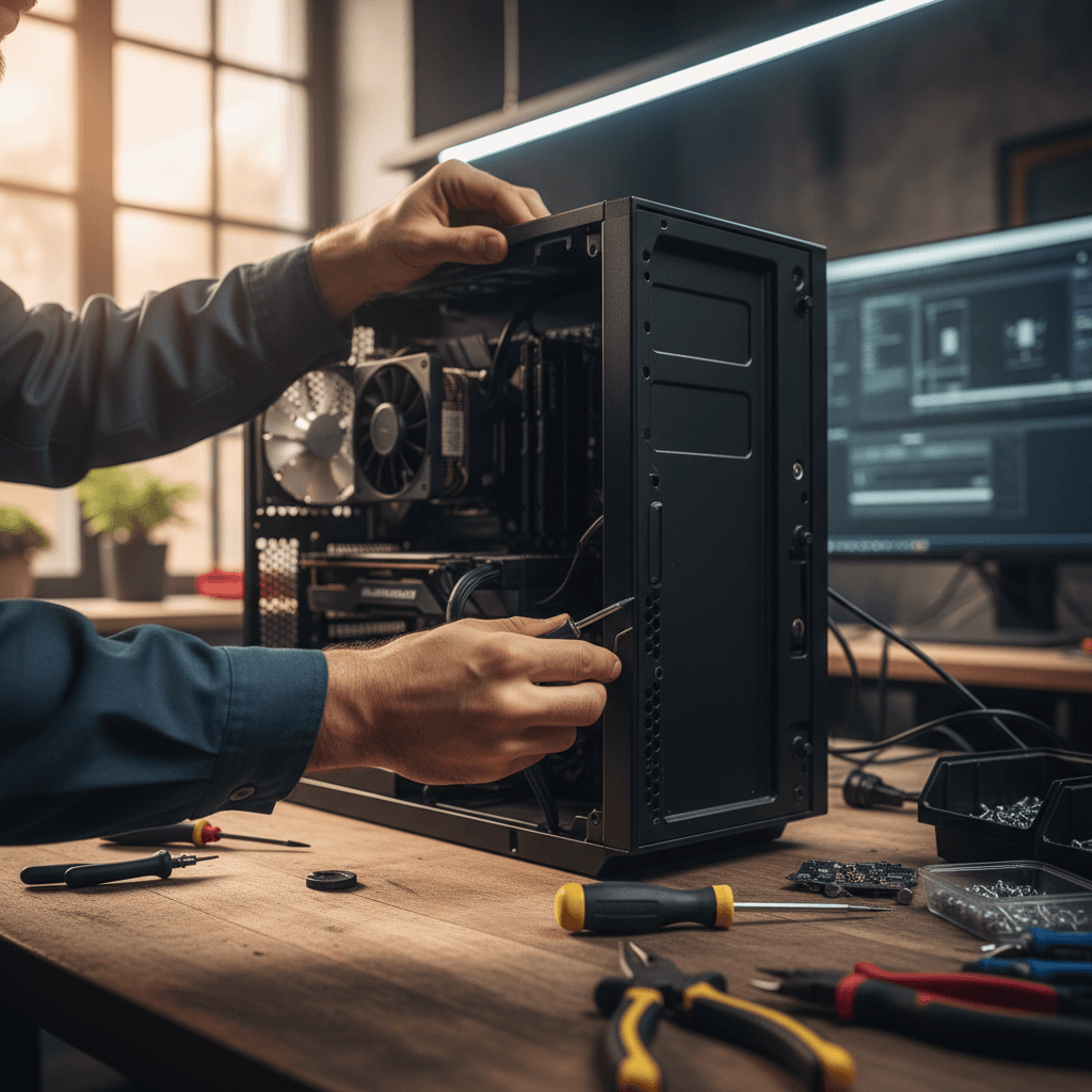 Computer repair technician at work